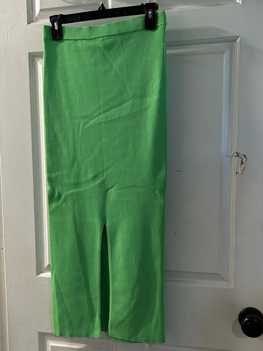 Zara Bright Green Ribbed Midi Skirt with Center Slit